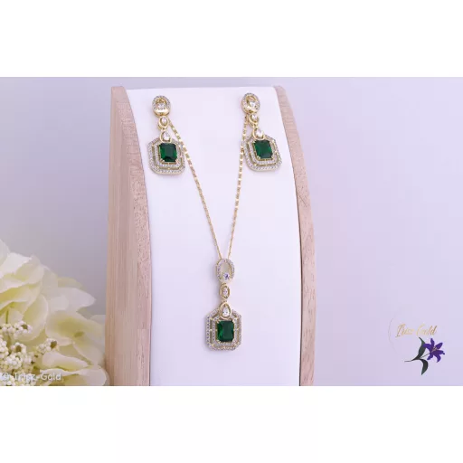 Odett antiallergén elegáns zöldköves szett nyaklánc fülbevaló-14K