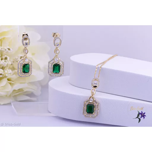 Odett antiallergén elegáns zöldköves szett nyaklánc fülbevaló-14K