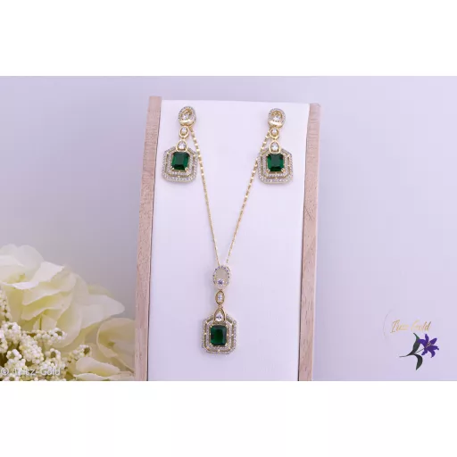Odett antiallergén elegáns zöldköves szett nyaklánc fülbevaló-14K