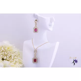   Odett antiallergén elegáns pirosköves szett nyaklánc fülbevaló-14K