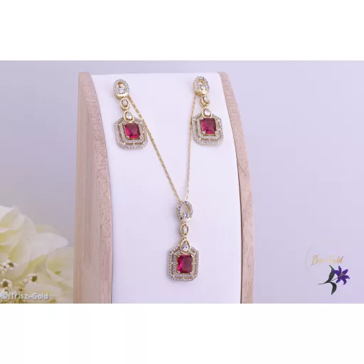 Odett antiallergén elegáns pirosköves szett nyaklánc fülbevaló-14K