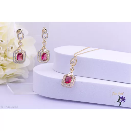 Odett antiallergén elegáns pirosköves szett nyaklánc fülbevaló-14K