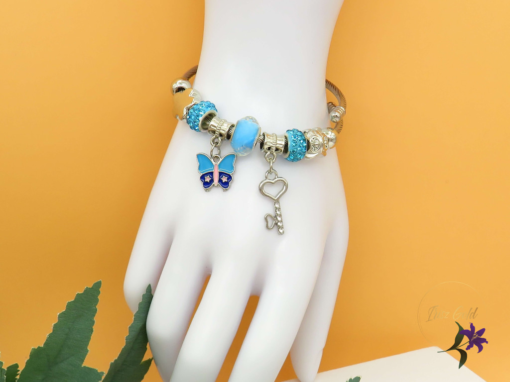 Leona pandora stilusú karkötő pillangó charm-kék-rodium