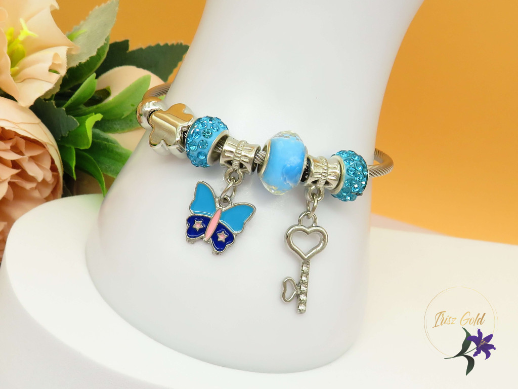 Leona pandora stilusú karkötő pillangó charm-kék-rodium