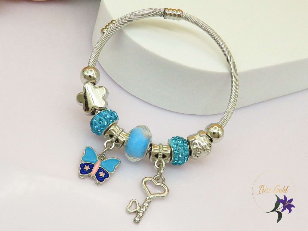 Leona pandora stilusú karkötő pillangó charm-kék-rodium