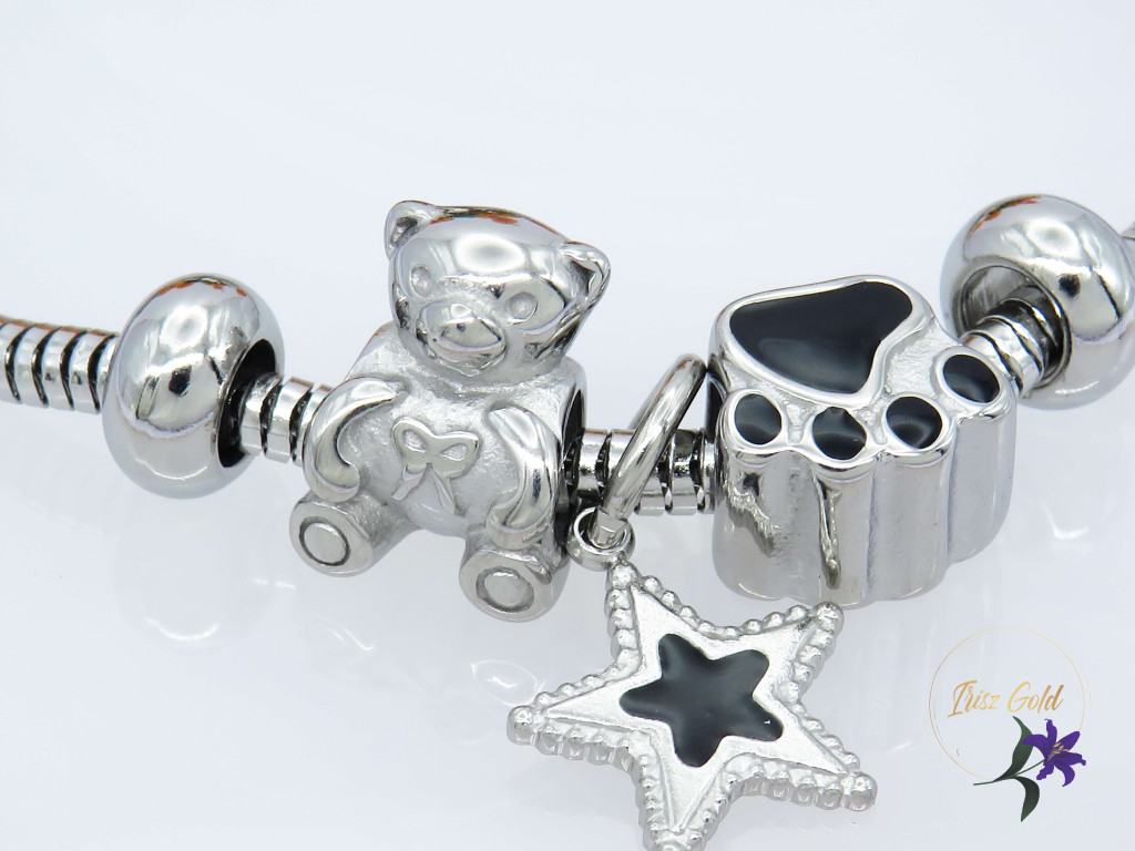Pandóra stilusú karkötő mancs charm diszitéssel-rodium Pandóra stilusú karkötő mancs charm diszitéssel-rodium