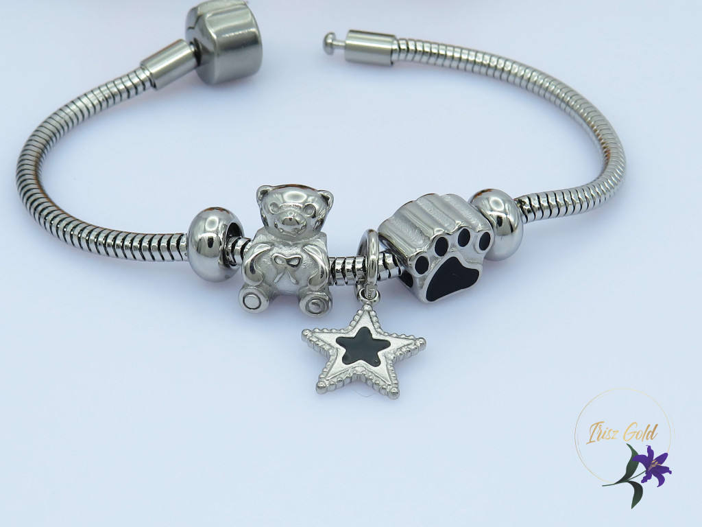 Pandóra stilusú karkötő mancs charm diszitéssel-rodium Pandóra stilusú karkötő mancs charm diszitéssel-rodium