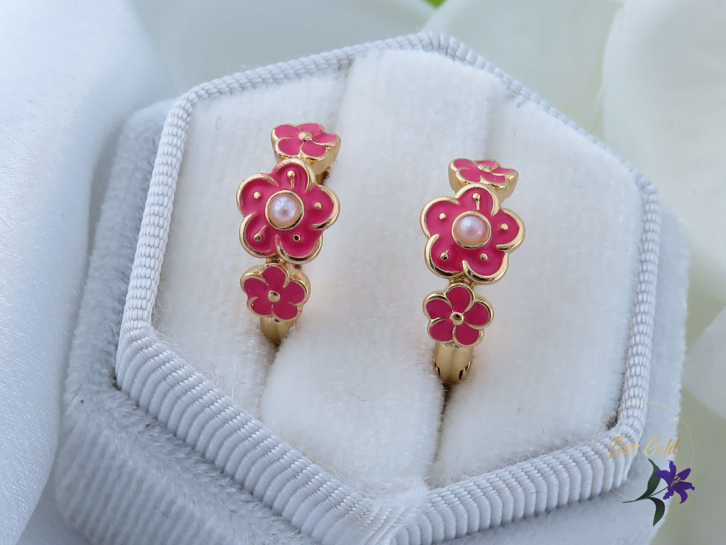Jara antiallergén pink kisvirágos fülbevaló-18K