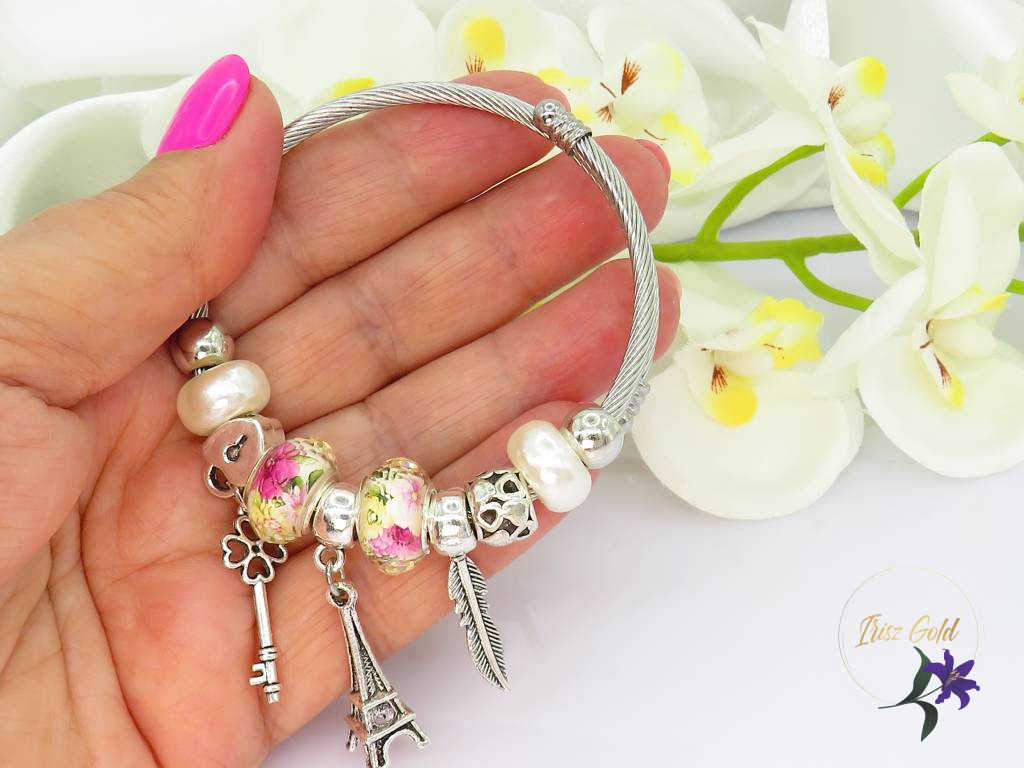 Adrina pandóra stilusú karkötő virágos charm -rodium Adrina pandóra stilusú karkötő virágos charm -rodium
