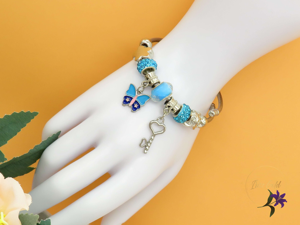 Leona pandora stilusú karkötő pillangó charm-kék-rodium