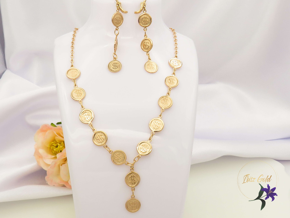 Gitta gold filled szett nyaklánc, csüngős fülbevaló dollár érmékkel díszített -18K