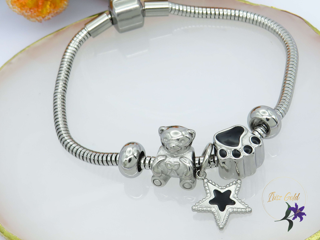Pandóra stilusú karkötő mancs charm diszitéssel-rodium Pandóra stilusú karkötő mancs charm diszitéssel-rodium